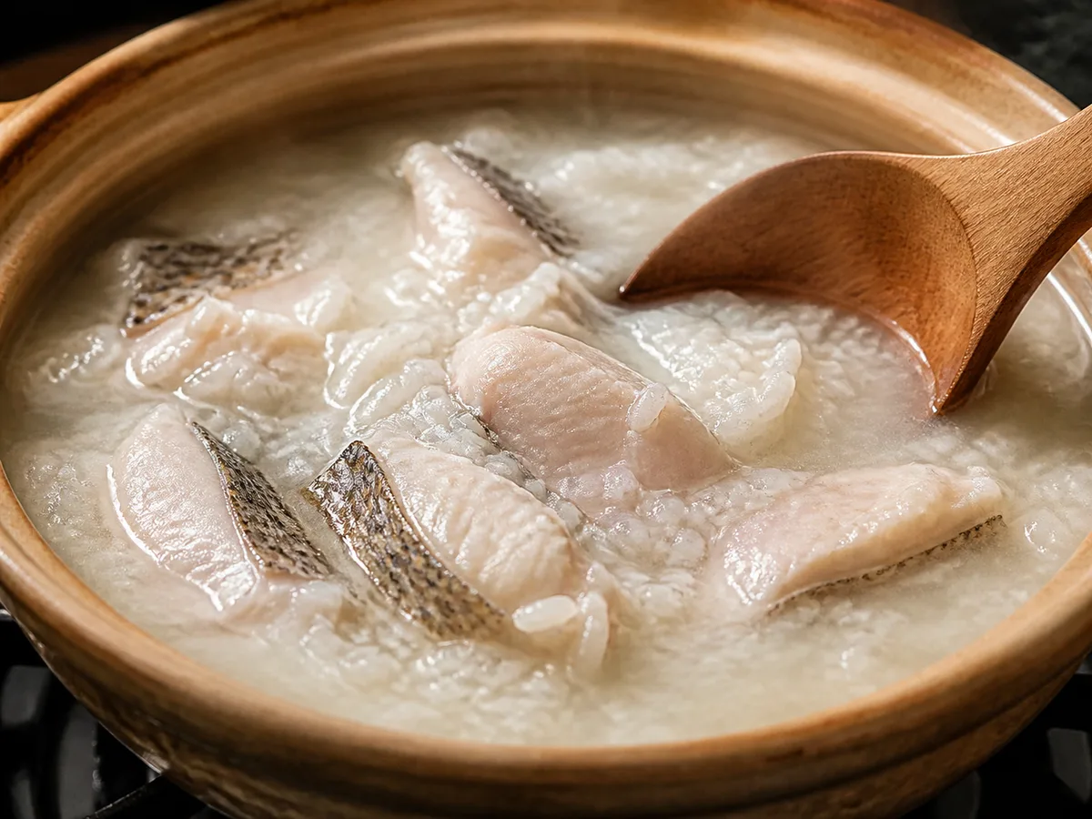 米粒綿滑且龍虎斑魚片剛轉白的魚粥近拍 AI 示意圖