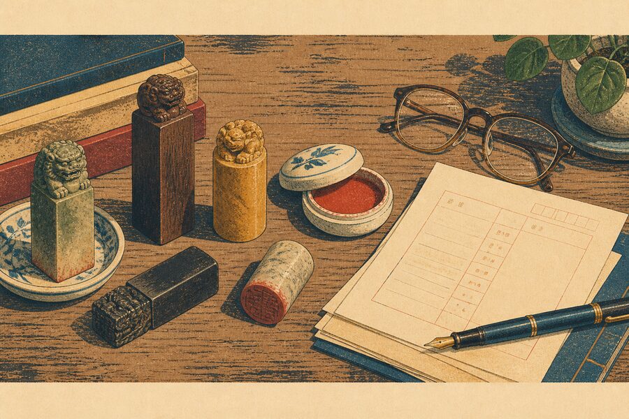 插畫：木桌俯視特寫，桌上有幾枚印章、一盒紅色印泥與一疊文件