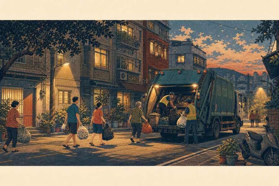 插畫：黃昏的住宅街道，垃圾車停在路邊，居民提著袋子走過來交給清潔隊員