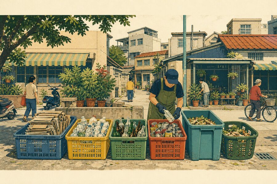 插畫：社區資源回收點，紙類、寶特瓶、玻璃、鐵鋁罐與廚餘分格擺放，工作人員在分類
