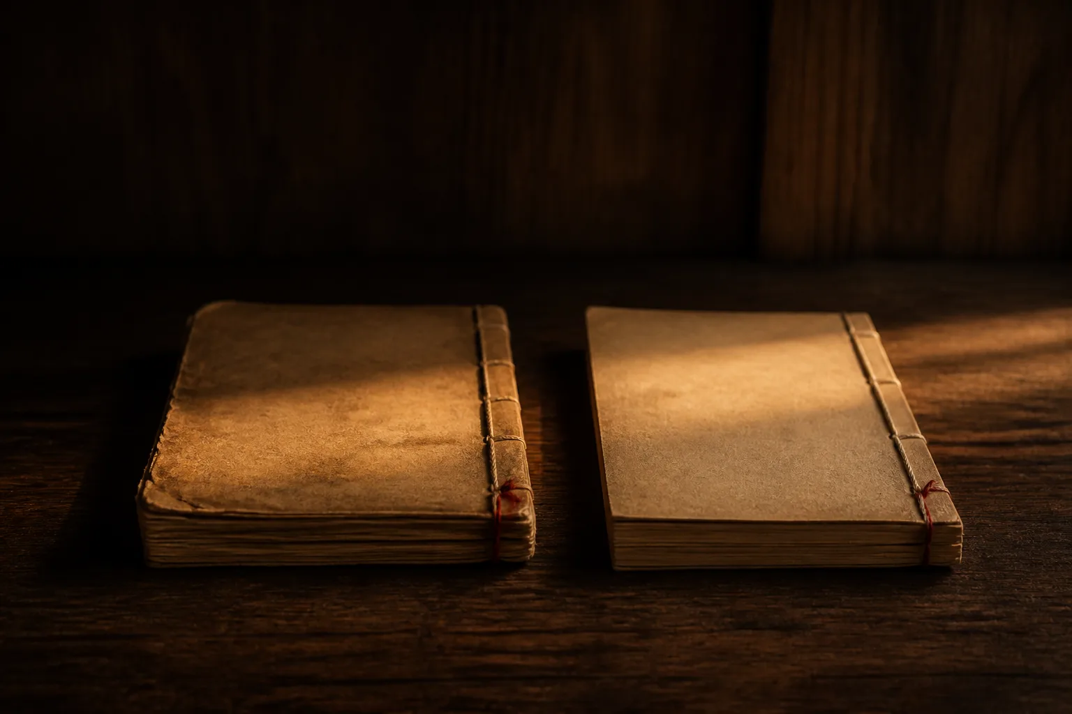 深色檀木桌上並排的兩本經書，一本標注音、一本無注音，暖光自上方灑下