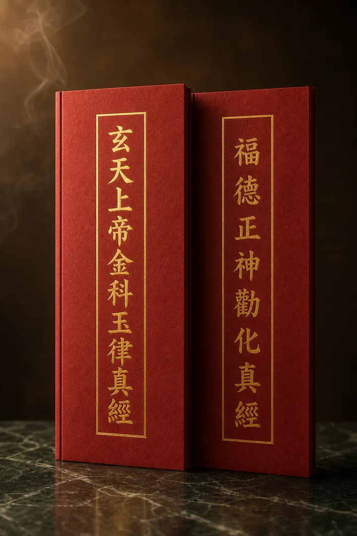 玄天上帝金科玉律真經／福德正神勸化真經經本封面示意圖（依老師持有實物重繪）